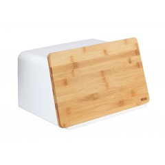 Wenko Brotkasten mit Bambusbrett, Weiß, Brotbox mit integriertem Bambusschneidebrett als Deckel