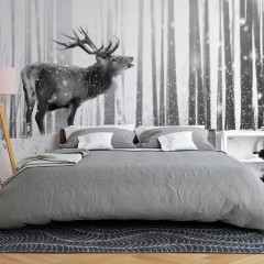 Artgeist Fototapete - Deer in the Snow (Black and White)