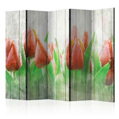 Artgeist 5-teiliges Paravent - Red tulips on wood II [Room Dividers]