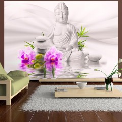 Selbstklebende Fototapete - Buddha and pink orchids