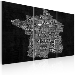 Artgeist Wandbild - Text map of France on the black background - triptych