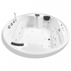 Basera® Indoor Podest-Whirlpool Badewanne XXL Gomera Rund 182 x 182 cm mit 28 Massagedüsen, Wasserfall, LED-Ambiente, Touchpanel, Bluetooth und Radio