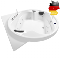 Basera® BASIC Indoor Podest-Whirlpool Badewanne XXL Gomera mit Ecke 186 x 186 cm, 18 Massagedüsen, Wasserfall, LED-Ambiente