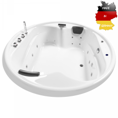 Basera® BASIC Indoor Podest-Whirlpool Badewanne XXL Gomera Rund 182 x 182 cm mit 18 Massagedüsen, Wasserfall, LED-Ambiente