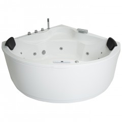 Basera® Indoor Eck-Whirlpool Badewanne Nendo 149 x 149 cm mit 21 Massagedüsen, Wasserfall, LED-Ambiente, Touchpanel, Bluetooth und Radio